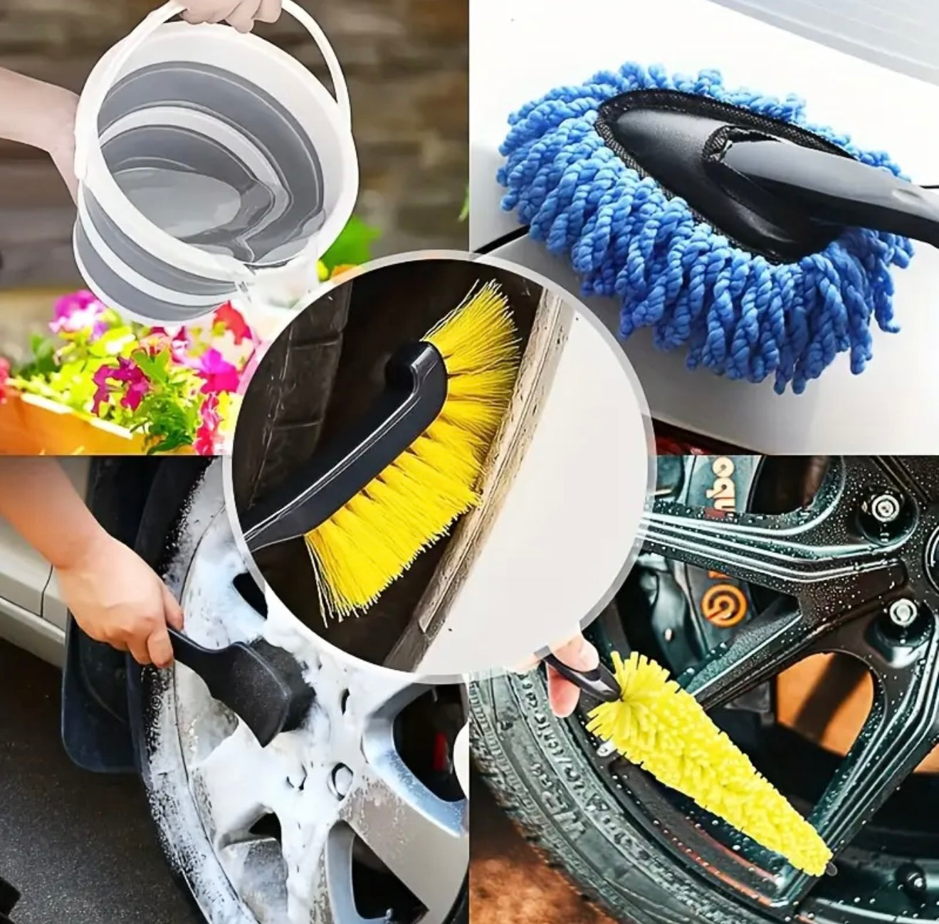 6-teiliges Autowasch-Set mit faltbarem Eimer, Stahlradbürste, Bodenmattenreiniger, Mikrofaserhandtuch, Staubentferner - umfassendes Werkzeugset für die Reinigung von Innen- und Außenbereichen von Autos, Autowasch-Essentials | faltbarer Eimer | langlebiges